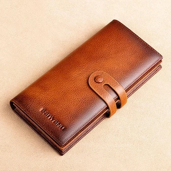 Реколта мъжки портфейл естествена кожа телешка кредитна карта притежателя дълго закопчалка чанта за мъж