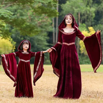 Реколта средновековна съдебна рокля родител-дете тоалети червена роба магьосник ренесанс Хелоуин косплей костюм