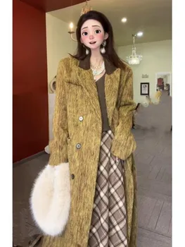 Ретро темперамент Tweed дълго палто 2023 зимни жени двуреден вълнени палта офис lday дебела мода дълги палта връхни дрехи