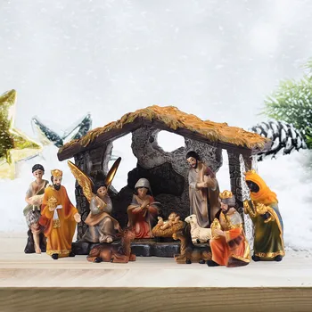 Рождество Христово Сцена Комплект Бебе Исус Коледни фигурки Ръчно рисувана маса Орнамент за коледно парти Християнска Нова година Коледно дърво декор