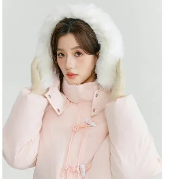 Розов хлабав стойка яка качулка Midi стил случайни палто зимни жени рог бутон основи мода дами памук подплатени дрехи