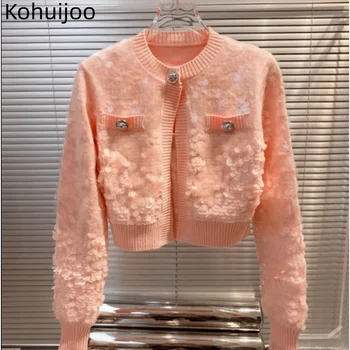 Розови пайети около врата пуловер жени есен 2023 корейски модни пуловери сладък къс дълъг ръкав тънък дамски палто жилетка