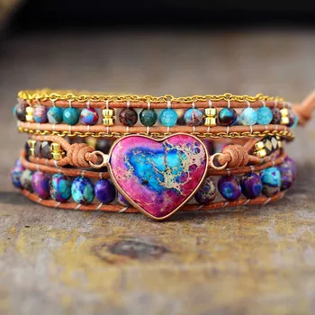Романтичен 3 Strand сърце форма кожа обвивка гривна реколта лилаво естествен камък тъкане маншет гривна бохемски бижута