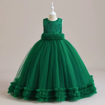 романтично зелено дълго цвете момиче рокли дантела апликация за сватби деца тюл пухкави пату причастие конкурс парти рокли 2023