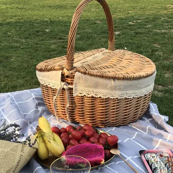 Ръчно изработена голяма плетена кошница с дръжка с двоен капак на открито къмпинг върба тъкане съхранение пикник кошница плодове храна организатор
