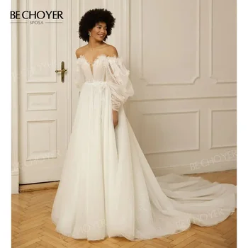 Сватбена рокля дълъг ръкав A-Line скъпа романтична булка рокля 2024 лъскава принцеса BECHOYER EL251 плюс размер Vestido de Noiva