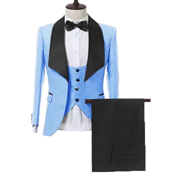 Светло сини мъже костюми модел младоженец смокинги шал сатен ревера Groomsmen сватба кум 3 парчета (яке + панталони + жилетка + вратовръзка )