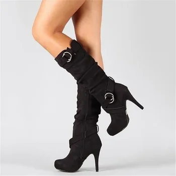 Секси коляното високи дамски ботуши тънък висок ток кръг Toe платформа мода дами PU кожени ботуши размер 34-43 дамски обувки