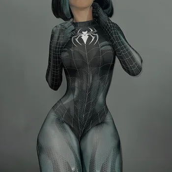 Секси черна котка супергерой косплей костюм за паяк жени Хелоуин костюм Коледа стегнат 3D печат Jumpuit боди