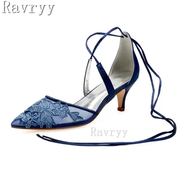 Сини заострени пръсти дантела помпи жени издълбани бродерия цвете единична обувка плитка глезена каишка покритие петата женски парти обувки