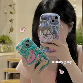 Сладурана Sanrio Hello Kitty Kuromi Плуване пръстен вълна текстура със стойка Калъфи за телефони за iPhone 15 14 13 12 11 Pro Max заден капак