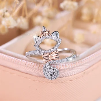 Сладък женски бял циркон каменен пръстен модерен розово злато сребърен цвят котка годежни пръстени за жени булката сватбени бижута подарък