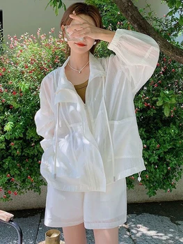 Слънцезащитен костюм за облекло Жени 2023 Летен обрив Guards палто + шорти две части комплект тънък дълъг ръкав бели екипировки сладък корейски