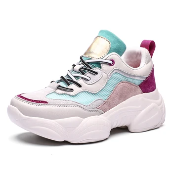 смесен цвят дамски обувки 2020 пролетна платформа маратонки жени дебело дъно татко обувки буци бели дишащи ежедневни обувки дами