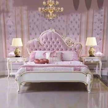 Спалня масивно дърворезбовано двойно легло, европейски стил кожа изкуство принцеса легло, италианска вила висок клас обичай сватбено легло