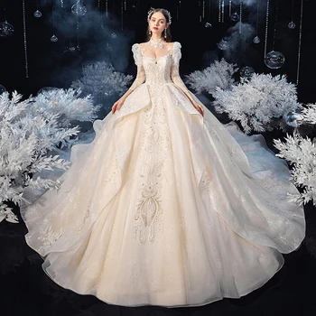 Три четвърти ръкав лъскави перли кристални апликации дантела красива топка рокля сватбени рокли Вестидо де Нойва