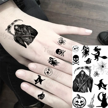 Тъмен череп паяк временни татуировки за жени деца реалистични тиква котка луна фалшива татуировка стикер малък миещ се ръка Tatoo