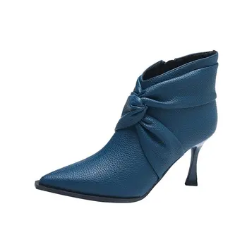 Тънки жени на висок ток къси ботуши имитация на кожа 2022 Есен Зима Нов британски стил глезена ботуши Point Toe дамски обувки