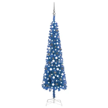 Тънко коледно дърво с LED и топки Синьо 120см. 180см 210 см. 240 см