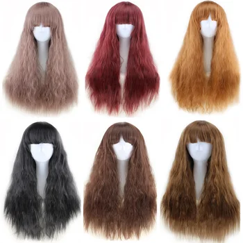 Търговия на едро европейски и американски популярни дамски перуки с дълга къдрава коса, високотемпературна коприна, цвят на царевичен къдрене и бретон.