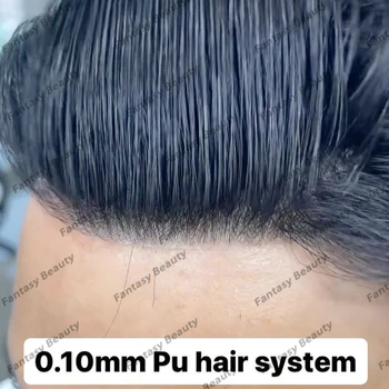 Търговия на едро копринено права / 30mm вълна мъже човешка коса перука трайни 0.1mm PU база мъже коса капилярна протеза система естествен вид