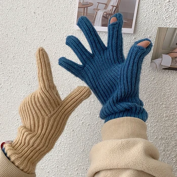 Унисекс сензорен екран на открито зимни ръкавици сладък жени без пръсти вълнена плета дебели топли мъже езда туризъм студен пълен пръст ръкавици