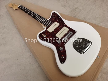 Фабрика по поръчка лява ръка бяла 6-струнна електрическа китара Jaguar, гриф от палисандрово дърво, сребърен хардуер, червен предпазител