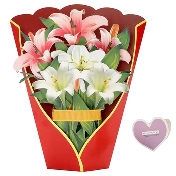 хартиени картички, лилии цвете букет 3D изскачащи поздравителни картички за майки Ден на майката Поздравителни картички Всички поводи