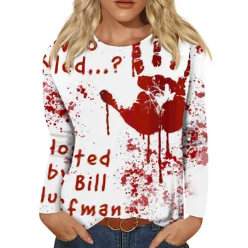 Хелоуин ужас върховете за жени модни случайни дълги ръкави върховете кървави оцветени кръг врата тениска върховете Camisetas