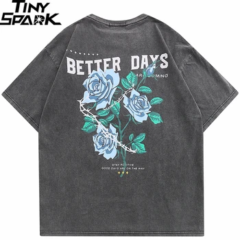 Хип-хоп мъже улично облекло тениска ретро реколта измити флорални роза T риза 2023 мъже Harajuku памук случайни къс ръкав тениска върховете