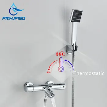 Хром термостатична вана душ кранче стена монтирани баня кранче вана смесител кран с ръчен душ открит душ кранче
