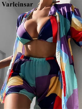 Цветен оглавник с покриващи шорти Бикини женски бански Дамски бански костюми Комплект бикини от четири части Къпещ се бански костюм Плуване V4354