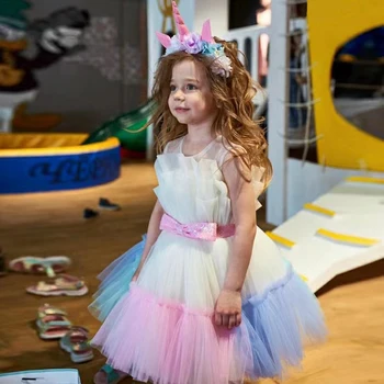 Цветна детска парти рокля за момиче детски костюм дантела принцеса рокли момичета дрехи без гръб сватбена рокля 3-10 години