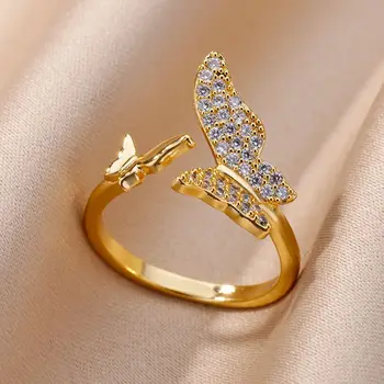 циркон двойна пеперуда пръстени за жени неръждаема стомана регулируеми насекоми пръстен сватба естетически бижута безплатна доставка anillos