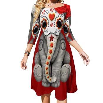 Червеният ден на мъртвите Захарен череп Бебе слон Flare рокля квадратно деколте рокля елегантен женски мода отпечатани рокля ден на