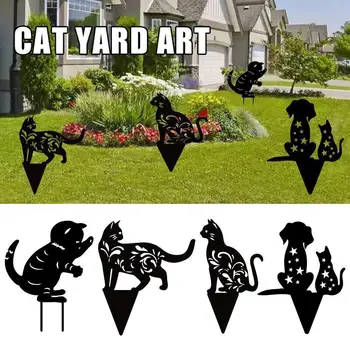 Черна котка Поставете карта акрилни градински орнаменти статуи модел тревата кол силует открит двор изкуство вмъкнат знак 6 L7F3