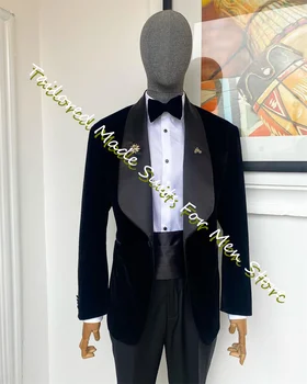 Черно кадифе еднореден костюм за мъже сватбена церемония рокля класически мъжки блейзъри комплекти тънък монтирани 2 парчета бизнес стил