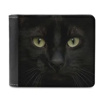 Черно на черно.. Кожен портфейл мъжки портфейл чантата пари клипове черна котка очи зелени мустаци персонализирани портфейла модел