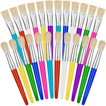 Четки за боядисване на малки деца 24 Pack, Hog Bristle Кръгли и плоски четки за предучилищна боя за миеща се боя Акрилна боя