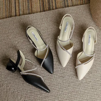 Шик Заострени пръсти мъниста кристал модерни сандали жени кръгли токчета приплъзване на sandales обувки жена перла покритие пръсти sandalias mujer 2022