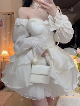 шифон елегантна рокля за жени Корейска модна парти рокля с къдри Lolita Sweet Solid Fairy 2024 Нова пролетна лятна рокля