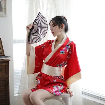 японски кимоно косплей облекло традиционен стил роба секси бельо изкушение костюми пижами мека коприна колан комплект за жени