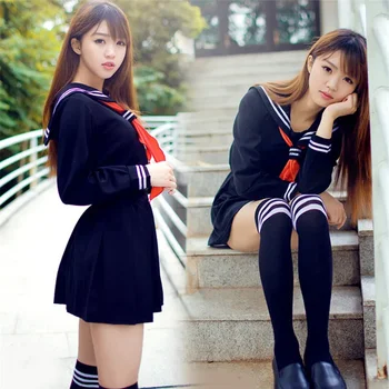 японски моряк костюм аниме костюм момичета гимназия студент униформа, дълъг ръкав JK униформа секси облекло флот цвят